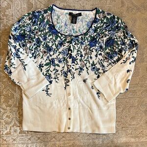 White House Black Market Floral Blue and Cream Women's Cardigan Size Sm